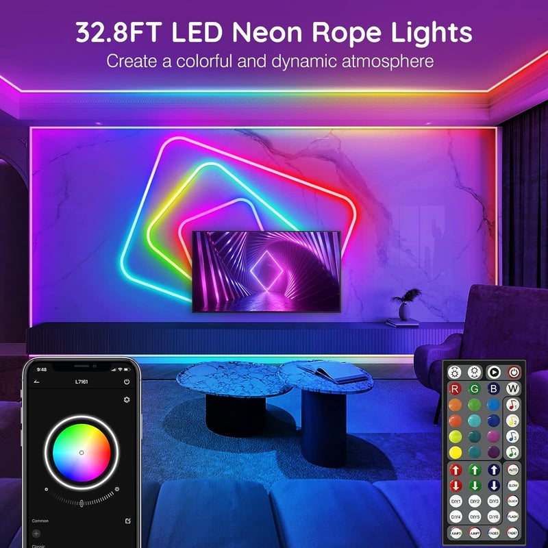 AILBTON 32.8Ft Neon Rope Lights,Flexible Led Rope Lights Control with App/Remote,Multiple Modes RopeLights,IP65 Outdoor RGB Led Neon Lights NonWater Resistant,Music Sync Gaming Led NeonLight Strip - Image 2